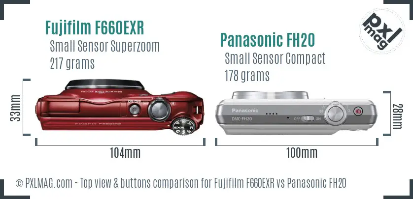 Fujifilm F660EXR vs Panasonic FH20 top view buttons comparison Fujifilm F660EXR vs Panasonic FH20 top view buttons comparison