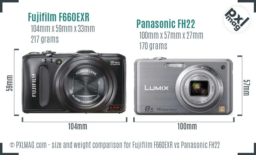 Fujifilm F660EXR vs Panasonic FH22 size comparison