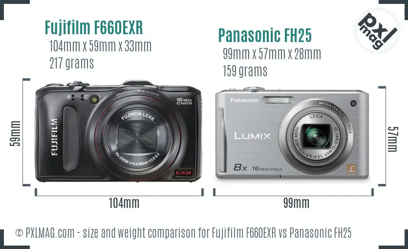 Fujifilm F660EXR vs Panasonic FH25 size comparison