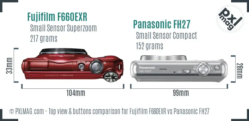Fujifilm F660EXR vs Panasonic FH27 top view buttons comparison
