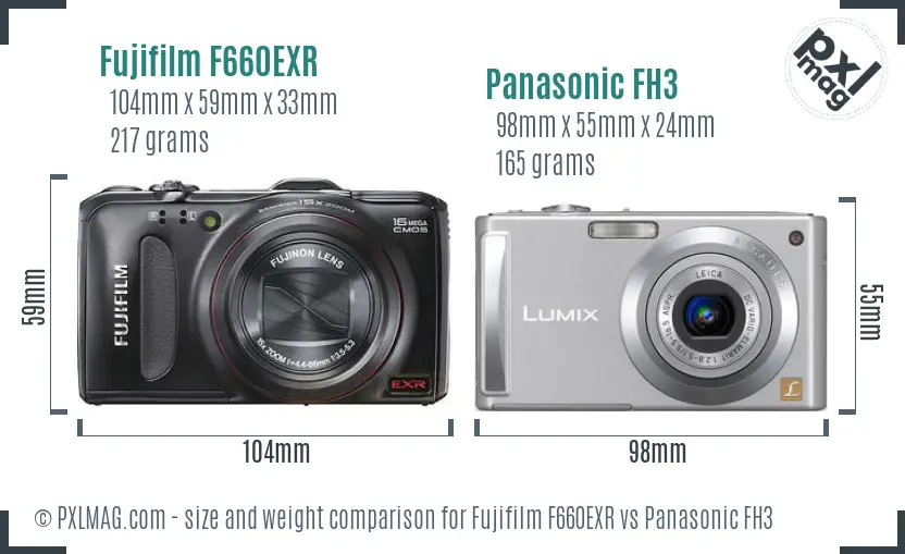 Fujifilm F660EXR vs Panasonic FH3 size comparison