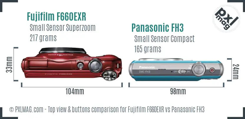 Fujifilm F660EXR vs Panasonic FH3 top view buttons comparison
