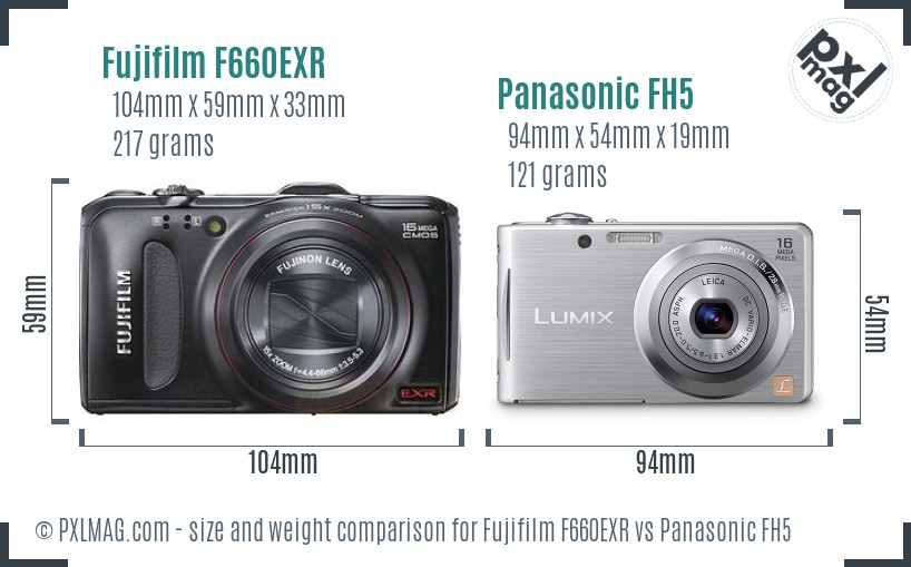 Fujifilm F660EXR vs Panasonic FH5 size comparison