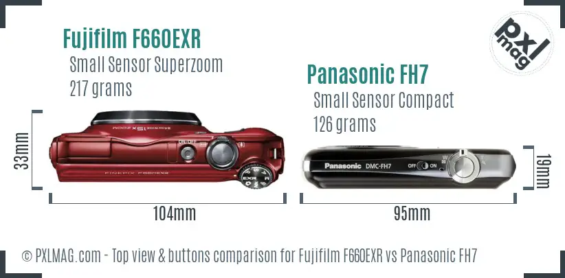 Fujifilm F660EXR vs Panasonic FH7 top view buttons comparison