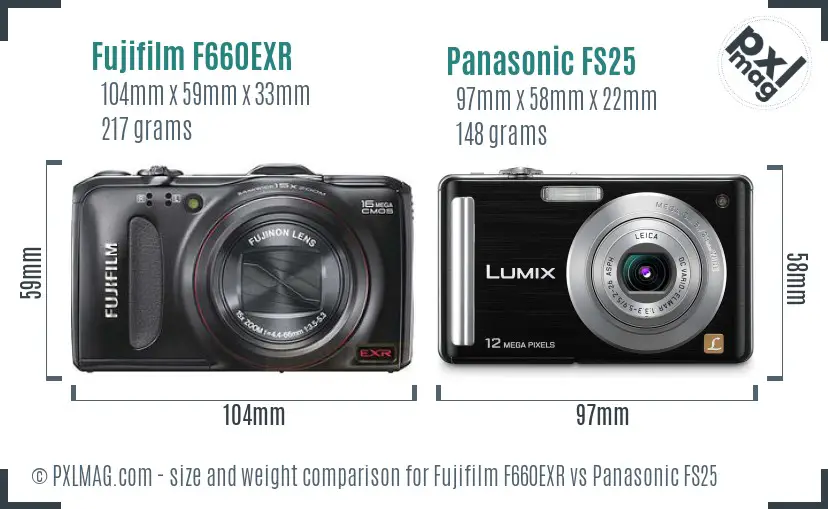Fujifilm F660EXR vs Panasonic FS25 size comparison