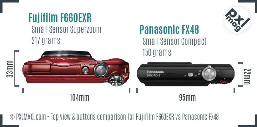 Fujifilm F660EXR vs Panasonic FX48 top view buttons comparison