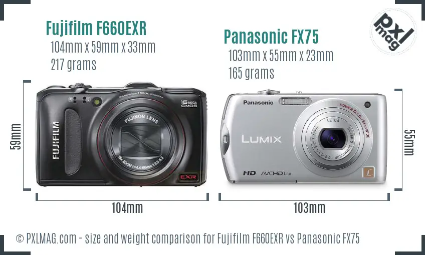 Fujifilm F660EXR vs Panasonic FX75 size comparison
