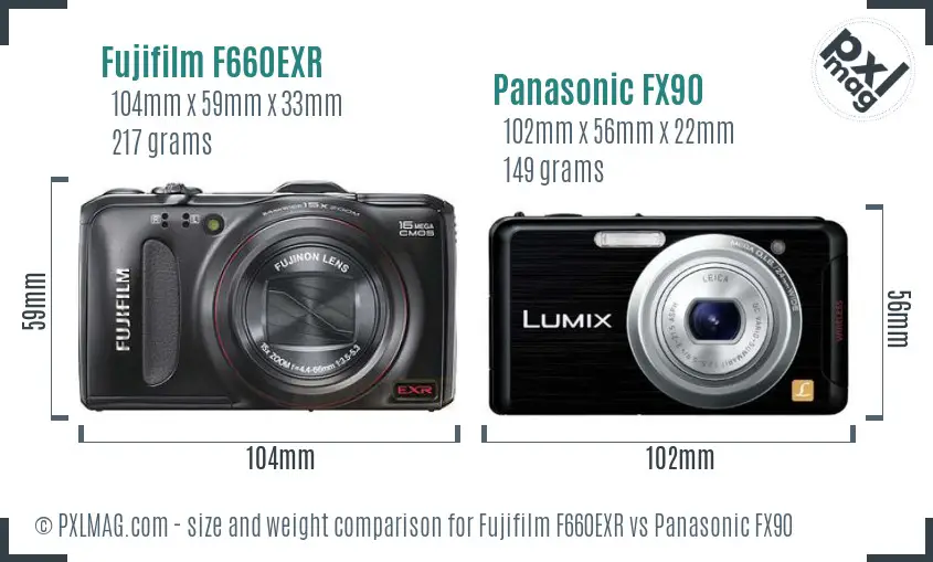 Fujifilm F660EXR vs Panasonic FX90 size comparison Fujifilm F660EXR vs Panasonic FX90 size comparison