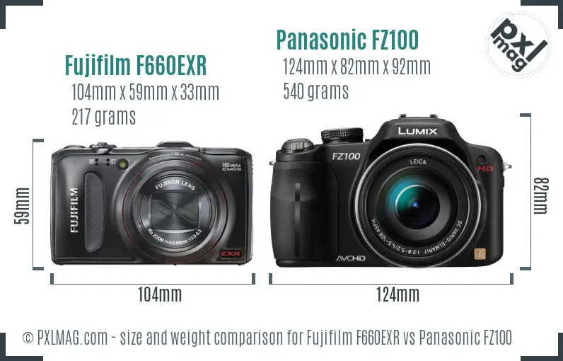 Fujifilm F660EXR vs Panasonic FZ100 size comparison