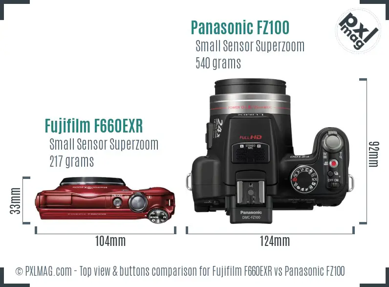 Fujifilm F660EXR vs Panasonic FZ100 top view buttons comparison