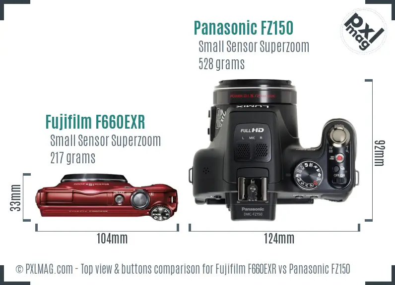 Fujifilm F660EXR vs Panasonic FZ150 top view buttons comparison