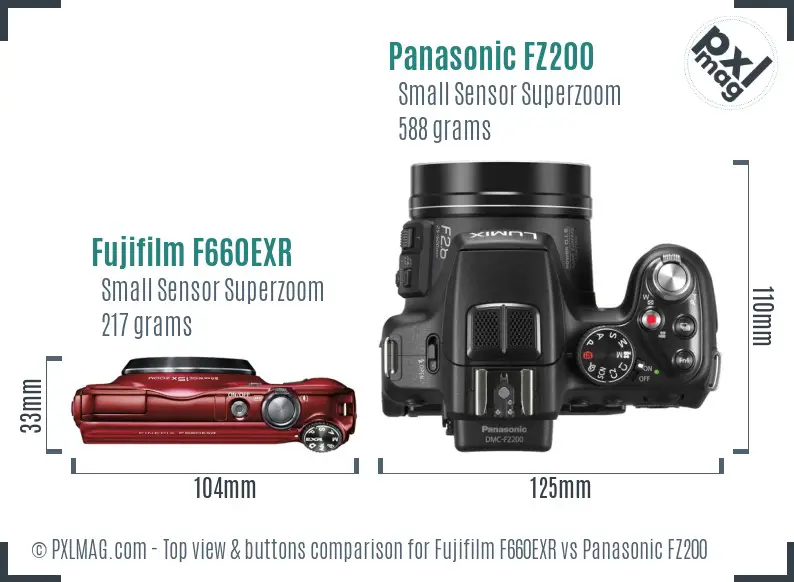 Fujifilm F660EXR vs Panasonic FZ200 top view buttons comparison