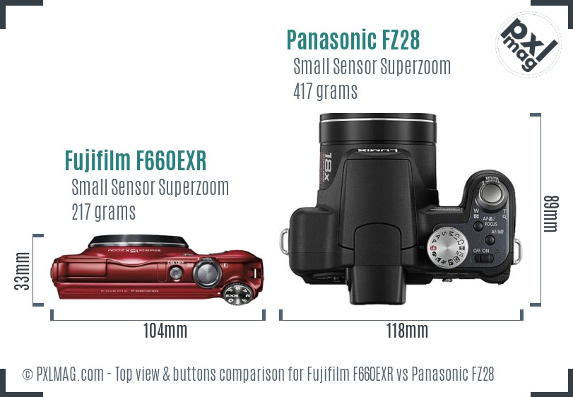 Fujifilm F660EXR vs Panasonic FZ28 top view buttons comparison