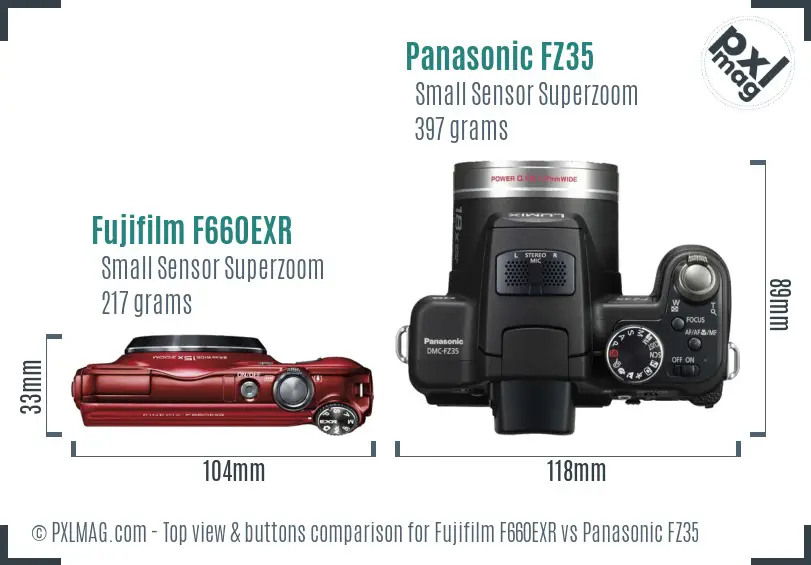 Fujifilm F660EXR vs Panasonic FZ35 top view buttons comparison