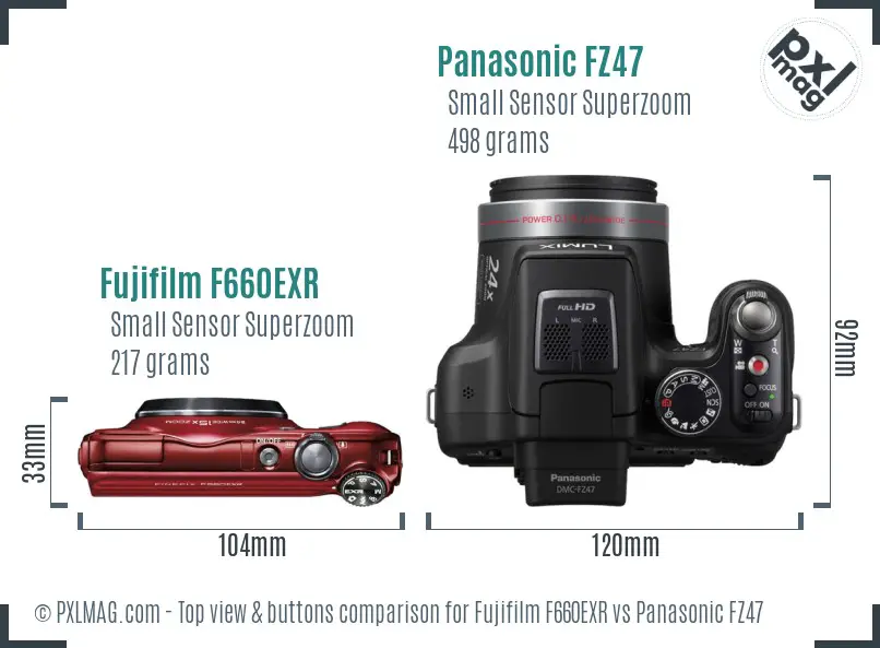 Fujifilm F660EXR vs Panasonic FZ47 top view buttons comparison