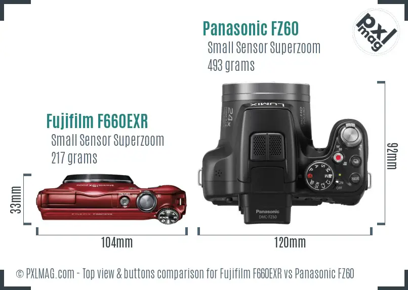 Fujifilm F660EXR vs Panasonic FZ60 top view buttons comparison Fujifilm F660EXR vs Panasonic FZ60 top view buttons comparison