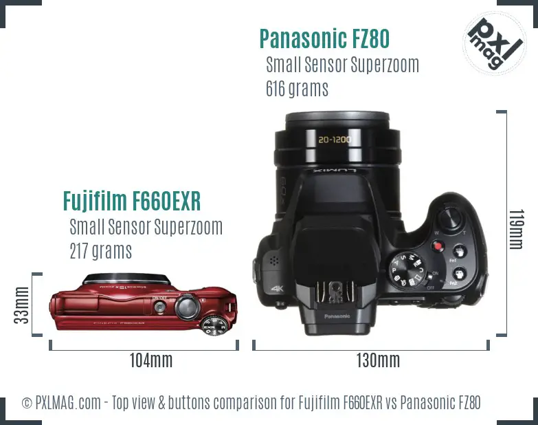Fujifilm F660EXR vs Panasonic FZ80 top view buttons comparison Fujifilm F660EXR vs Panasonic FZ80 top view buttons comparison