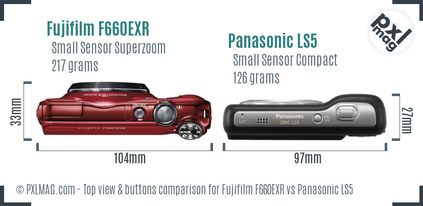 Fujifilm F660EXR vs Panasonic LS5 top view buttons comparison