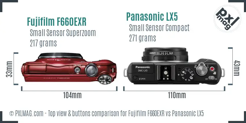 Fujifilm F660EXR vs Panasonic LX5 top view buttons comparison