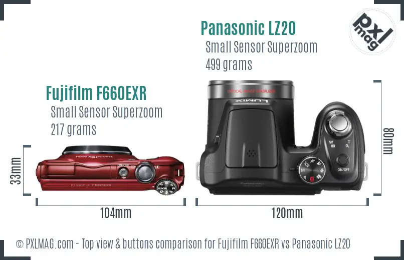 Fujifilm F660EXR vs Panasonic LZ20 top view buttons comparison