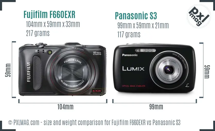 Fujifilm F660EXR vs Panasonic S3 size comparison