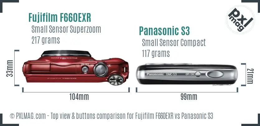 Fujifilm F660EXR vs Panasonic S3 top view buttons comparison