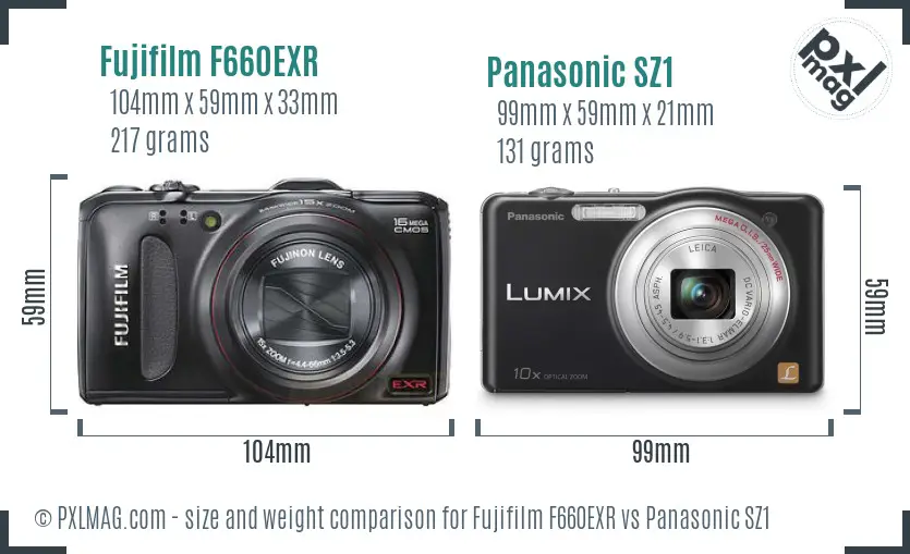 Fujifilm F660EXR vs Panasonic SZ1 size comparison