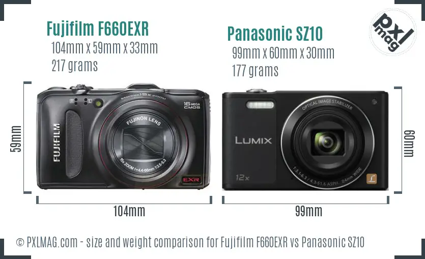 Fujifilm F660EXR vs Panasonic SZ10 size comparison