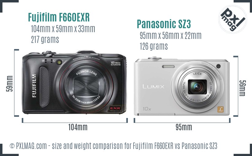 Fujifilm F660EXR vs Panasonic SZ3 size comparison