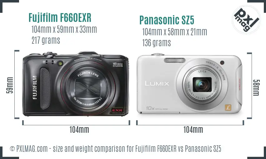 Fujifilm F660EXR vs Panasonic SZ5 size comparison
