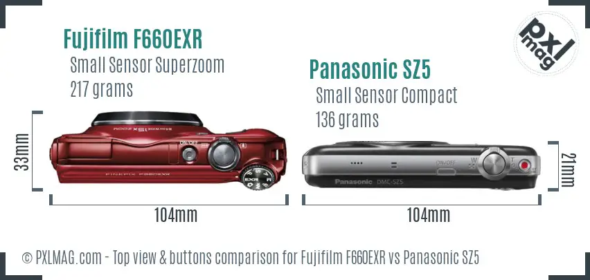 Fujifilm F660EXR vs Panasonic SZ5 top view buttons comparison