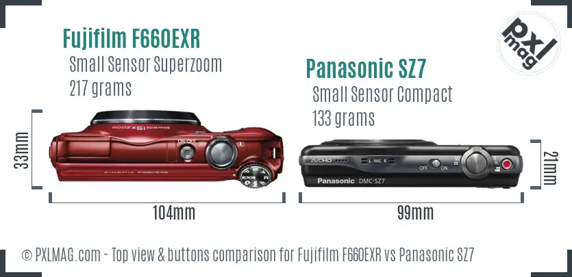 Fujifilm F660EXR vs Panasonic SZ7 top view buttons comparison Fujifilm F660EXR vs Panasonic SZ7 top view buttons comparison