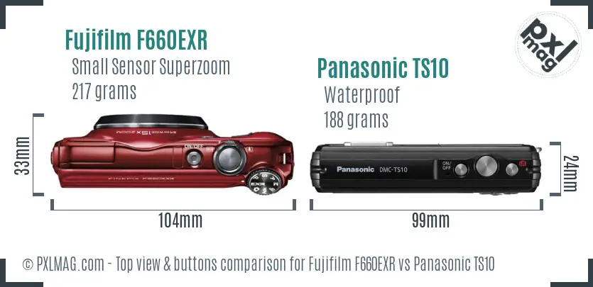 Fujifilm F660EXR vs Panasonic TS10 top view buttons comparison Fujifilm F660EXR vs Panasonic TS10 top view buttons comparison