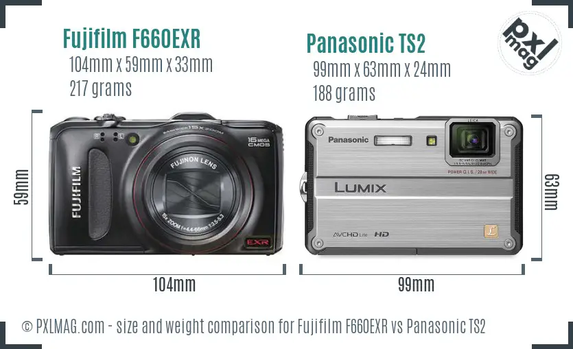 Fujifilm F660EXR vs Panasonic TS2 size comparison