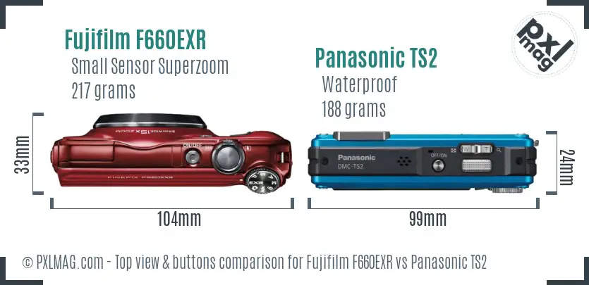 Fujifilm F660EXR vs Panasonic TS2 top view buttons comparison