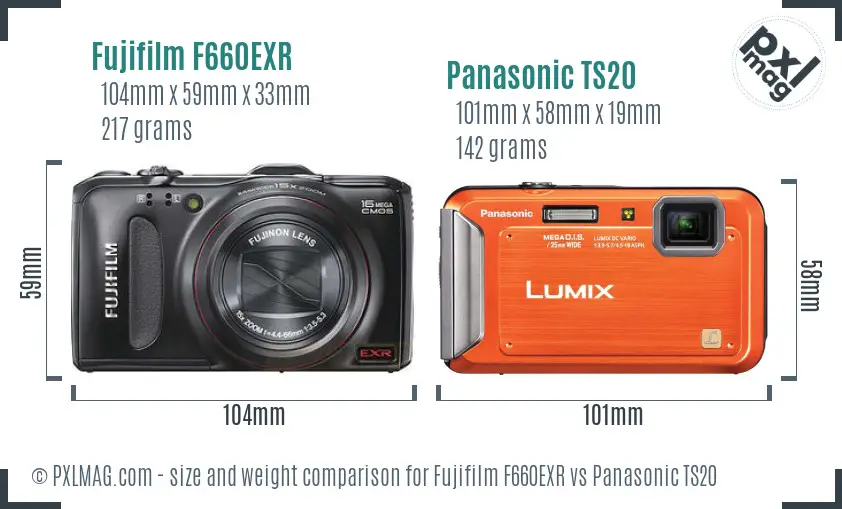 Fujifilm F660EXR vs Panasonic TS20 size comparison