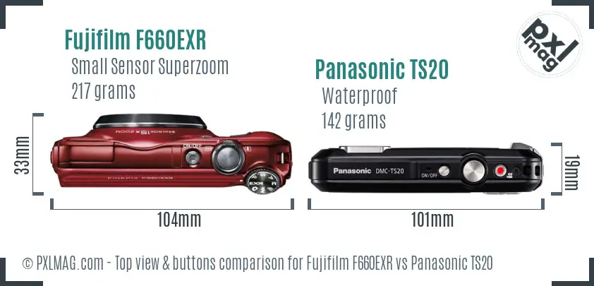 Fujifilm F660EXR vs Panasonic TS20 top view buttons comparison