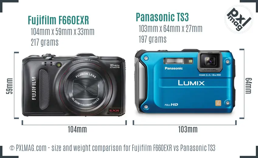 Fujifilm F660EXR vs Panasonic TS3 size comparison Fujifilm F660EXR vs Panasonic TS3 size comparison