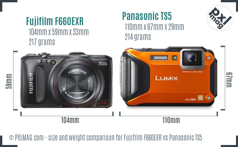 Fujifilm F660EXR vs Panasonic TS5 size comparison Fujifilm F660EXR vs Panasonic TS5 size comparison