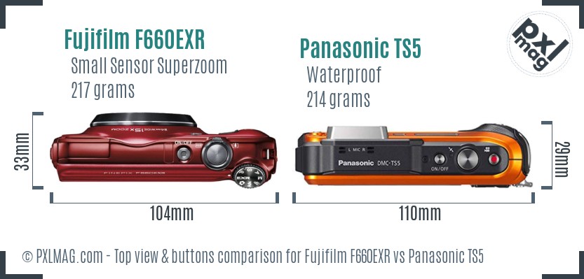 Fujifilm F660EXR vs Panasonic TS5 top view buttons comparison