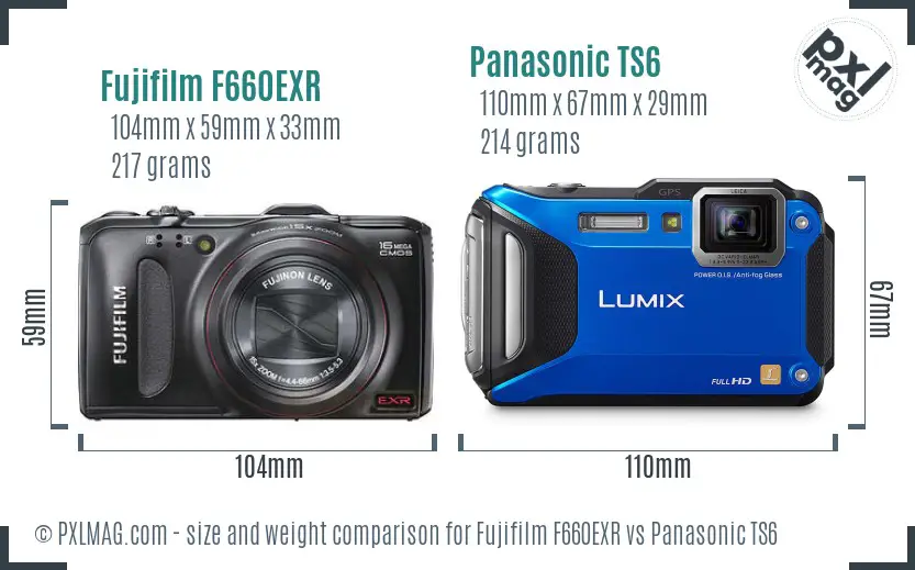 Fujifilm F660EXR vs Panasonic TS6 size comparison