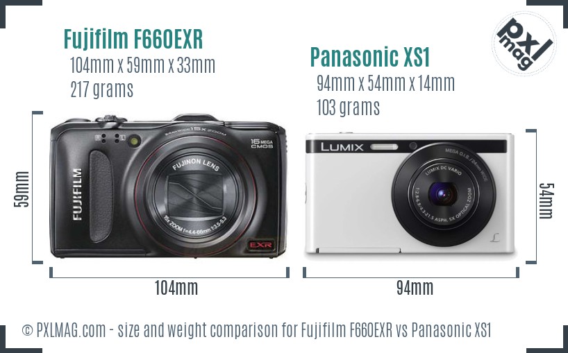 Fujifilm F660EXR vs Panasonic XS1 size comparison