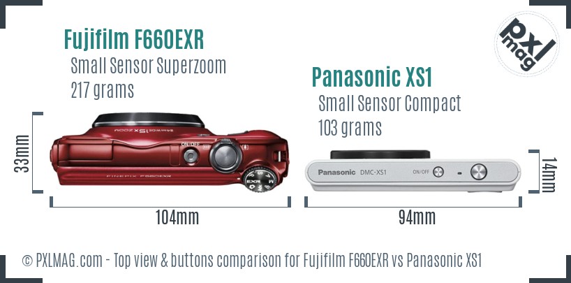 Fujifilm F660EXR vs Panasonic XS1 top view buttons comparison