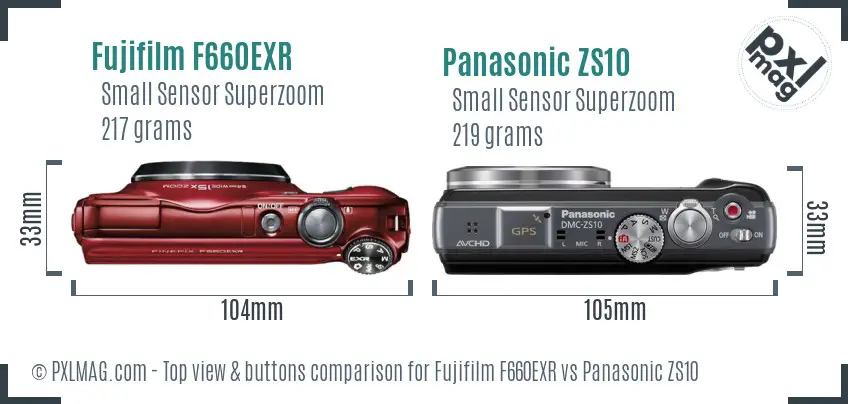 Fujifilm F660EXR vs Panasonic ZS10 top view buttons comparison Fujifilm F660EXR vs Panasonic ZS10 top view buttons comparison