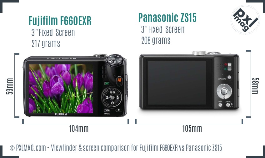 Fujifilm F660EXR vs Panasonic ZS15 Screen and Viewfinder comparison