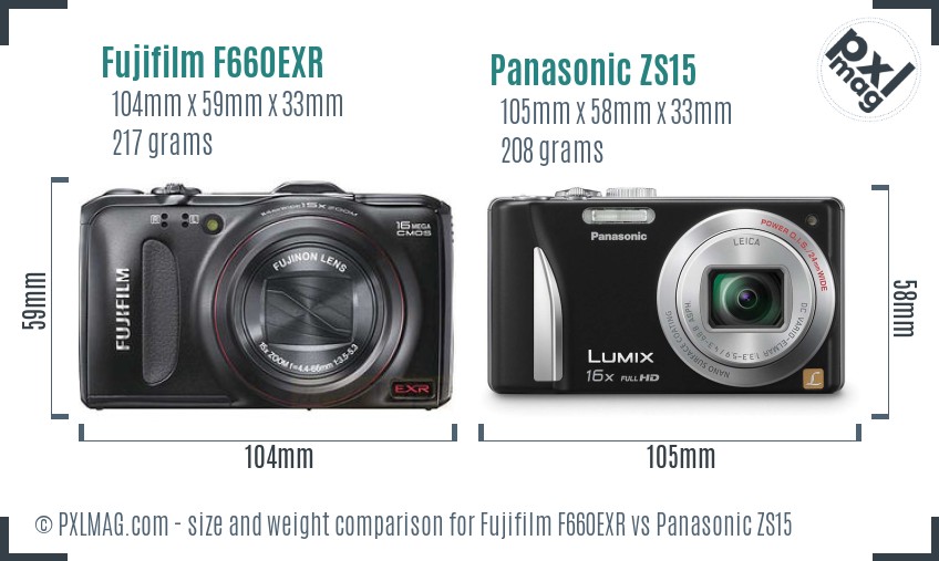 Fujifilm F660EXR vs Panasonic ZS15 size comparison