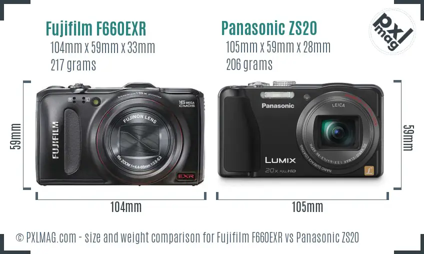 Fujifilm F660EXR vs Panasonic ZS20 size comparison Fujifilm F660EXR vs Panasonic ZS20 size comparison