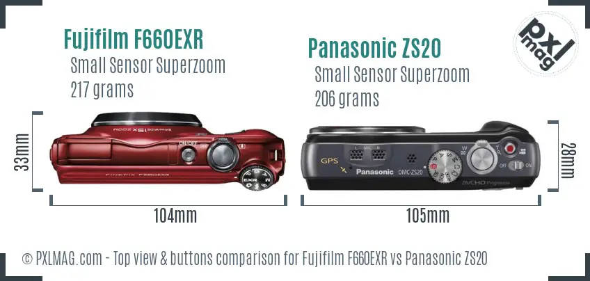 Fujifilm F660EXR vs Panasonic ZS20 top view buttons comparison Fujifilm F660EXR vs Panasonic ZS20 top view buttons comparison