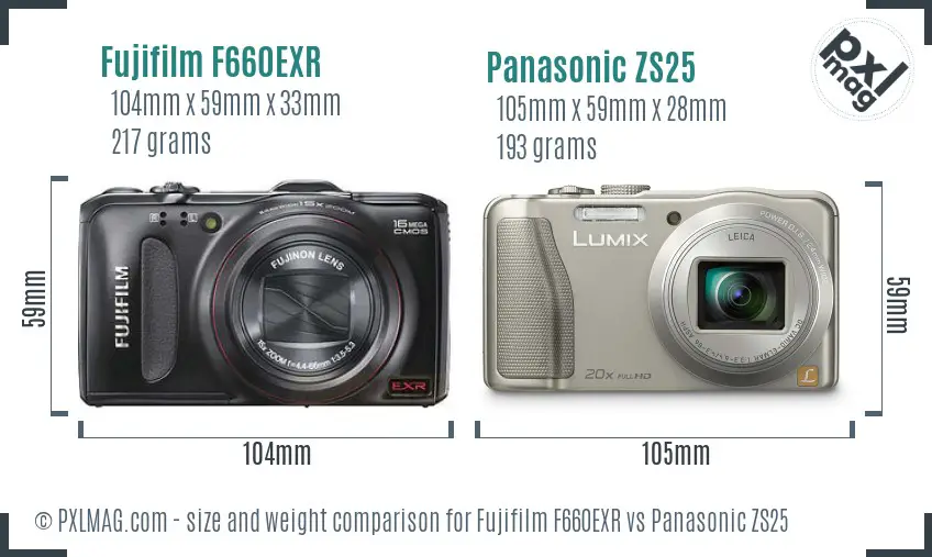 Fujifilm F660EXR vs Panasonic ZS25 size comparison