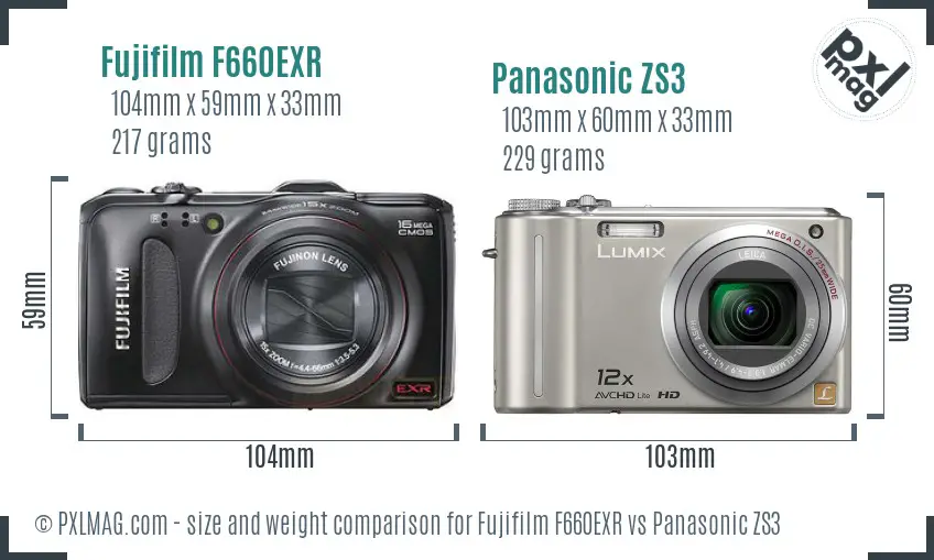 Fujifilm F660EXR vs Panasonic ZS3 size comparison